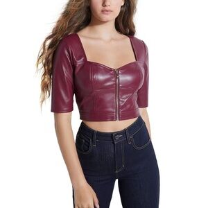 Guess Faux Leather Crop Top in Burgundy